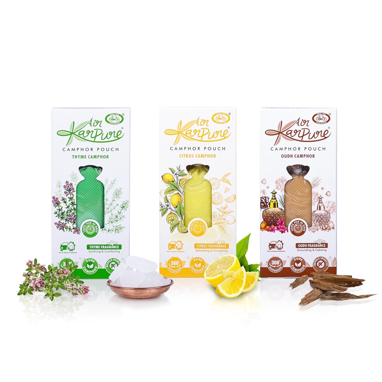

Cycle Pure Karpure Камфорный мешочек 60 г Упаковка из 3 штук | Освежитель воздуха для автомобиля, дома, гардероба и офиса с ароматом уда, цитруса и тимьяна