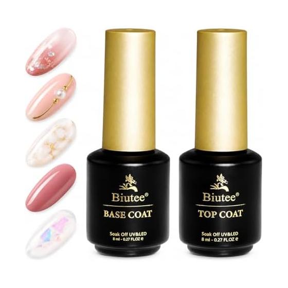 Biutee Biutee Gel Nail Top Coat Base Coat 8ml Set of 2 Non-wipe No wiping required UV/LED Compatible Base & Top Shiny Long Lasting Beginner Self Nail