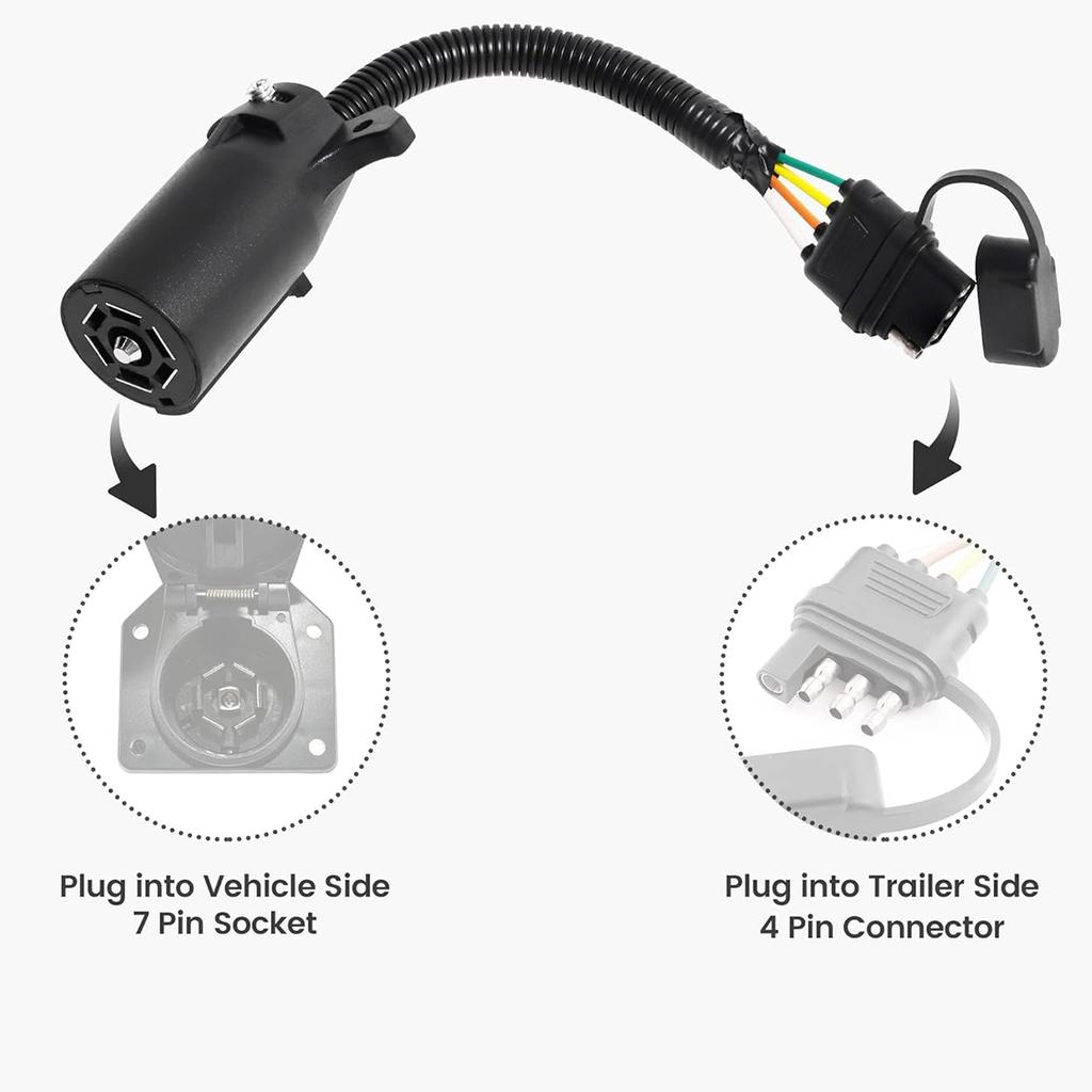 Trailer Plug Adapter, 7-Pin to 4-Pin with Waterproof Cap, 7 Way Round Plug Blade Connector Converts to 4 Way Flat Female Socket