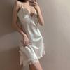 Women White Satin Nightdress Lace V Neck Sleeveless Lingerie Dress Lace Up Side Split Chemise Sleepwear Night Gown Homewear