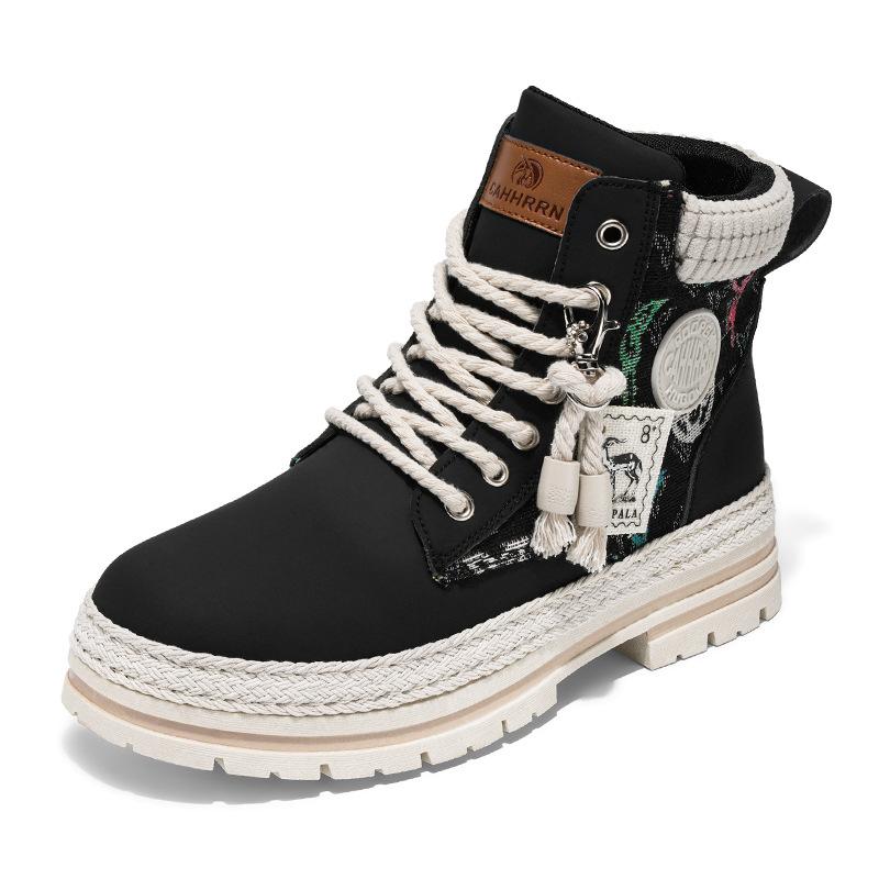 

Martin boots men s new spring and autumn retro splicing thick-soled straw woven tooling short boots commuting wear-resistant high-top men s shoes 44