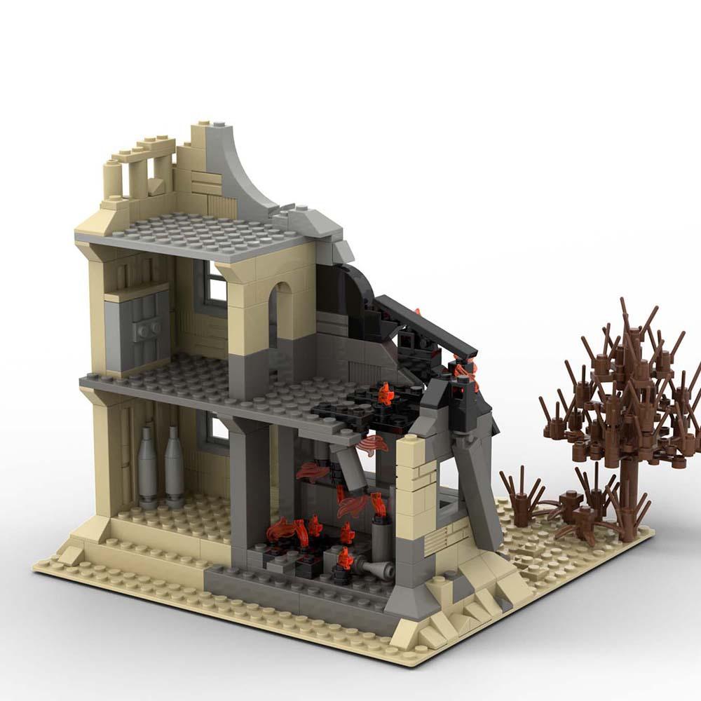 Verlassene Ruinengebäude MOC Zweiter Weltkrieg Militärbasis DIY Szenen Bausteine Set Teile Geschenk für Armee Soldaten Figuren Spielzeug Kinder