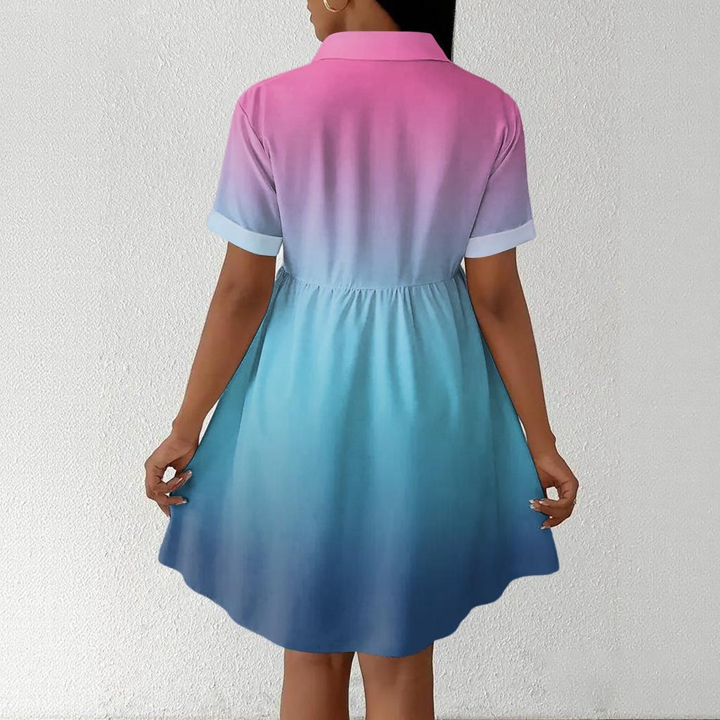 Women’s Casual Loose Shirt Dress Button Front Stand Collar Short Sleeve Gradient Print Relaxed Fit Tunic Dress for Daily Wear