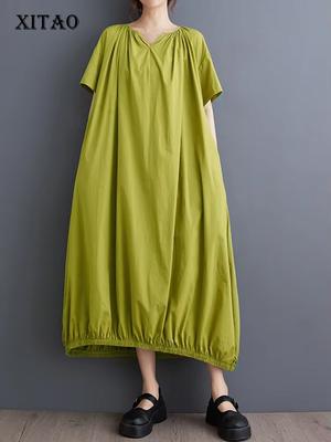 Gefaltetes Festes Farbe Einfachheit A-linie Kleid Lose V-ausschnitt Kurzarm Mode Alle-spiel Sommer Frauen Neue Kleid WLD20245