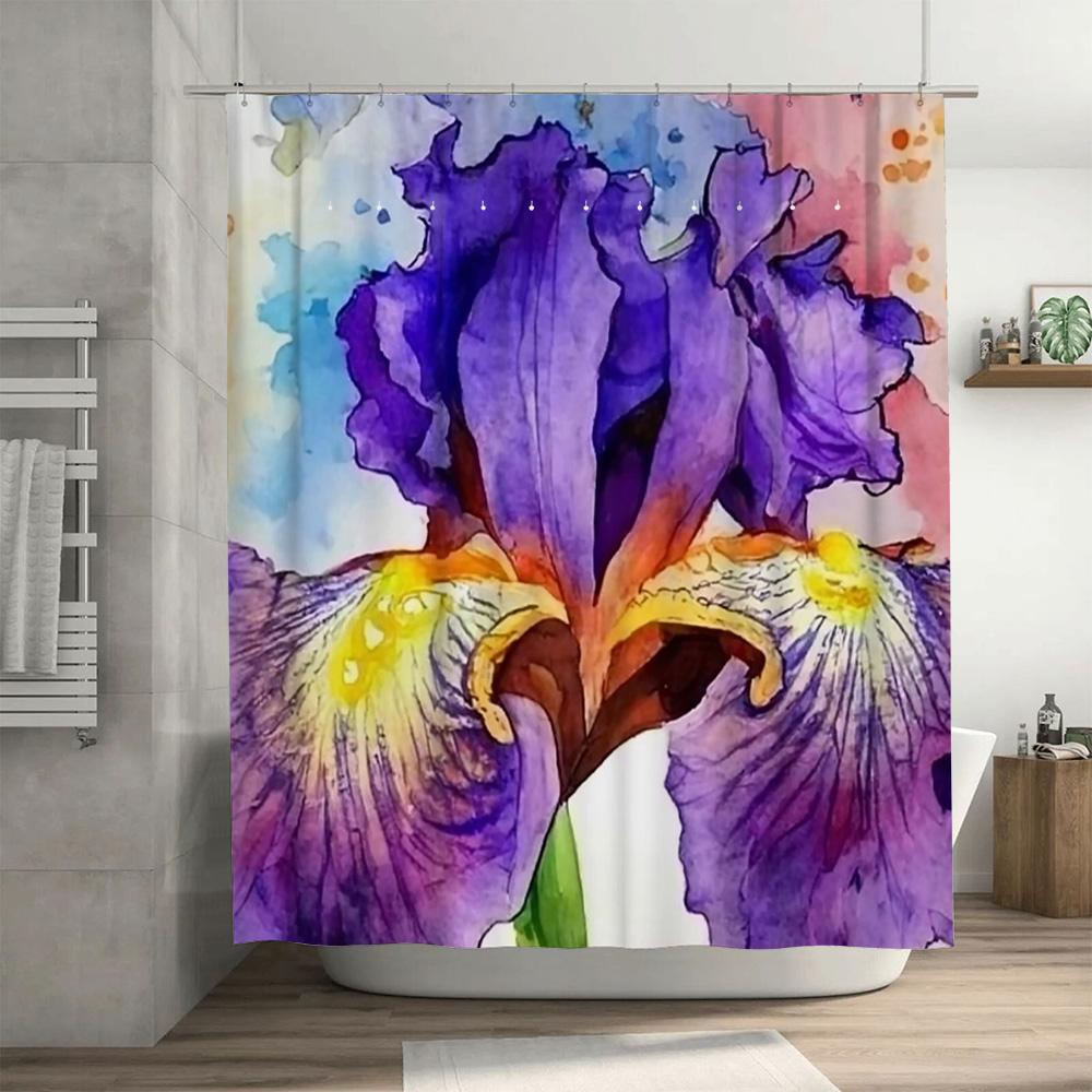 Watercolor Iris Shower Curtain Purple Floral Design For Bathroom Decor Modern Home Accessories