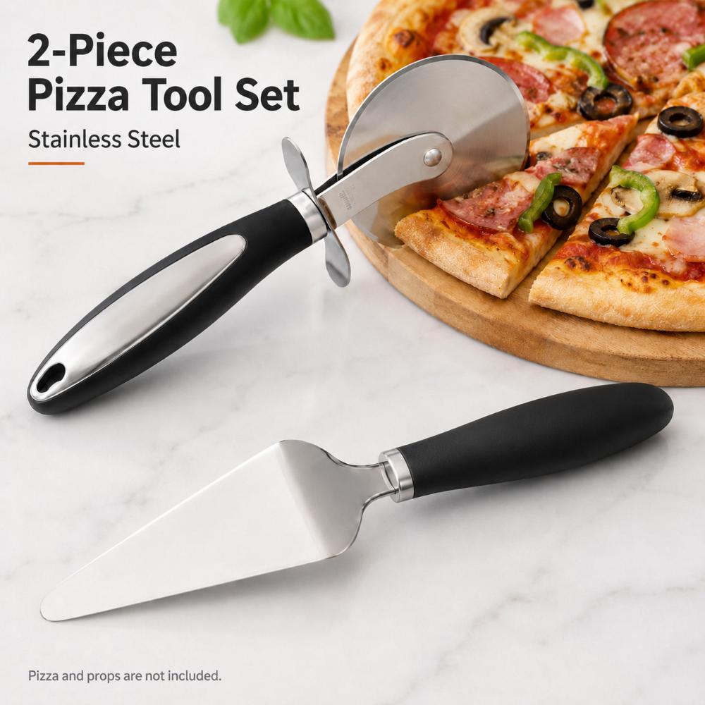 2PCS Pizza Cutter and Pie Server Set Stainless Steel Wheel Slicer Cake Shovel with Finger Guard Ergonomic Handle Kitchen Tool