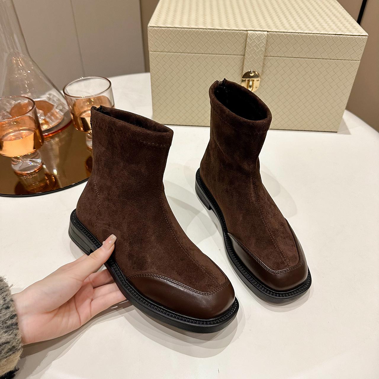 

Женские ботильоны на высоком каблуке из замши с квадратным носком, обувь на среднем каблуке, тренд зимы 2025 года, классическая удобная повседневная обувь, модные туфли-лодочки Botas Mujer 40 коричневый