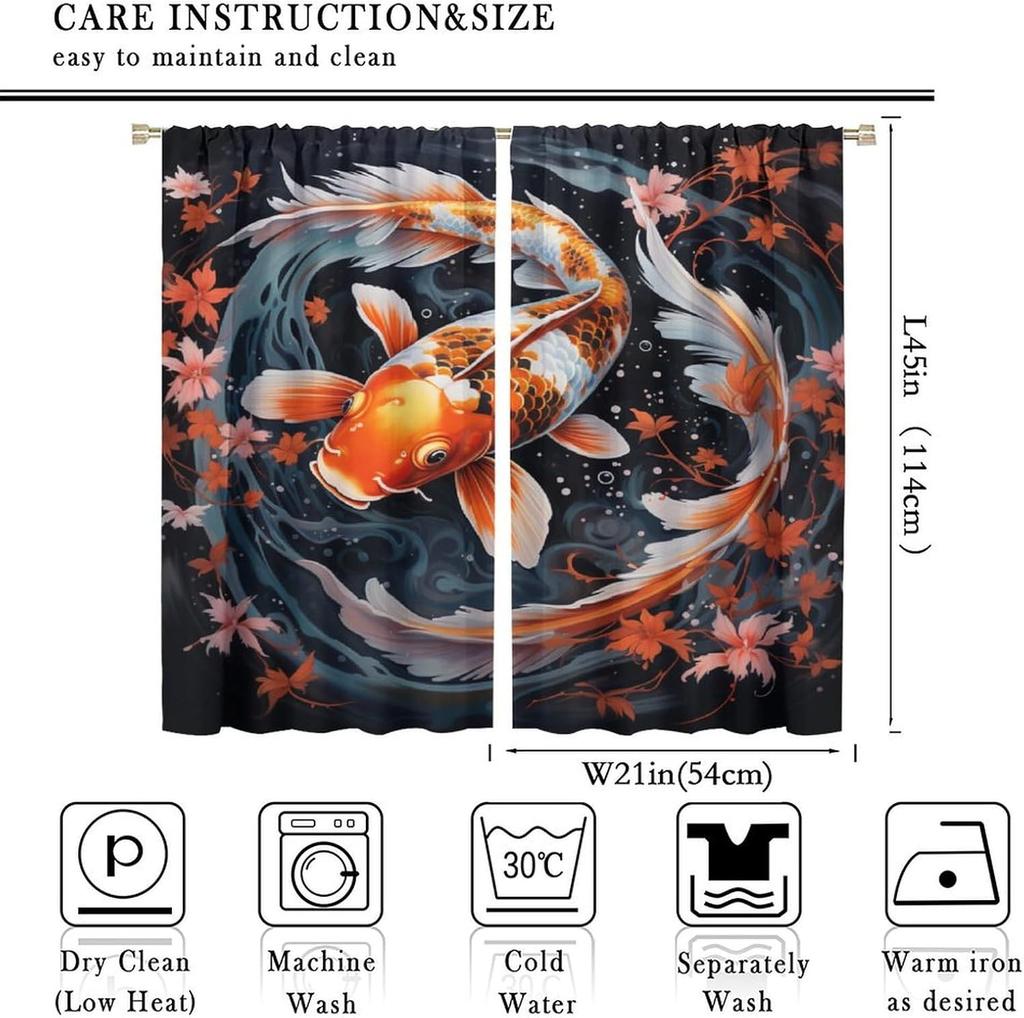 Japanese Wave Curtain Fantasy Anime Koi Fish Black Background Oriental Japanese Sea Wave Flower Art Pole Pocket Blackout Curtain