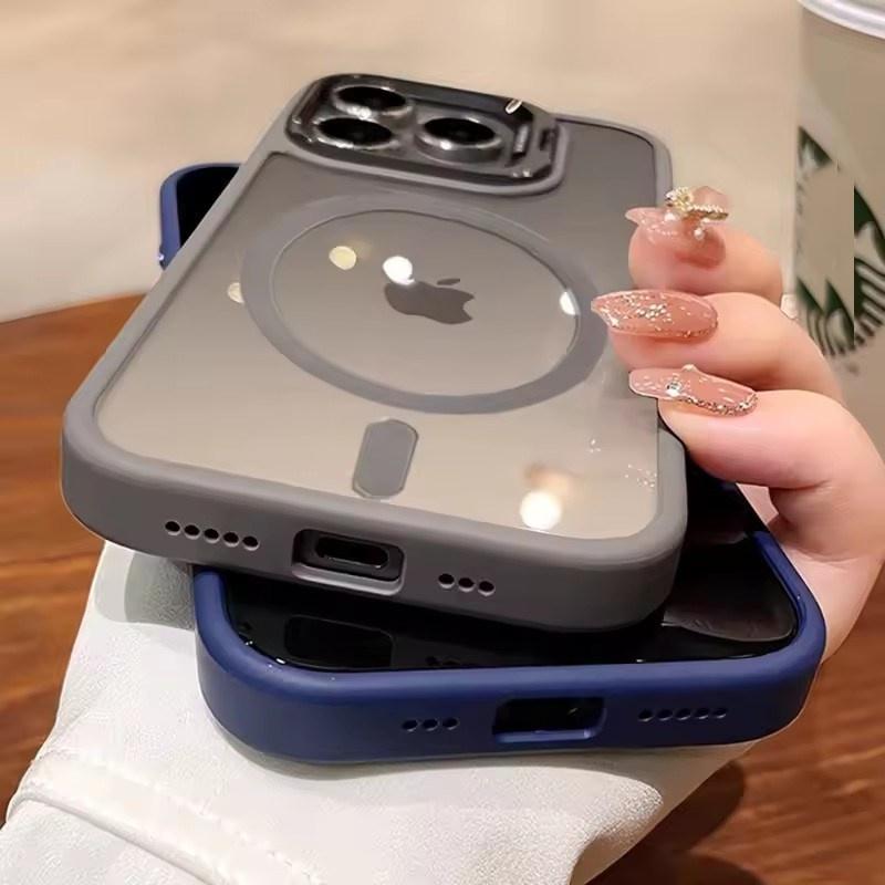 Metal Holder Phone Case For iPhone 17 16 15 14 13 12 11 Pro Max Plus Air For Magsafe Transparent Magnetic Lens Protection Cover