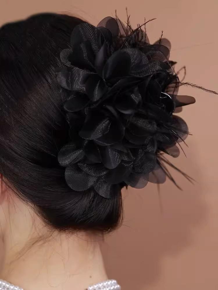 

2025 Роскошный зажим-краб для волос с перьями и цветами для женщин - Элегантный аксессуар для волос высокого класса чёрный
