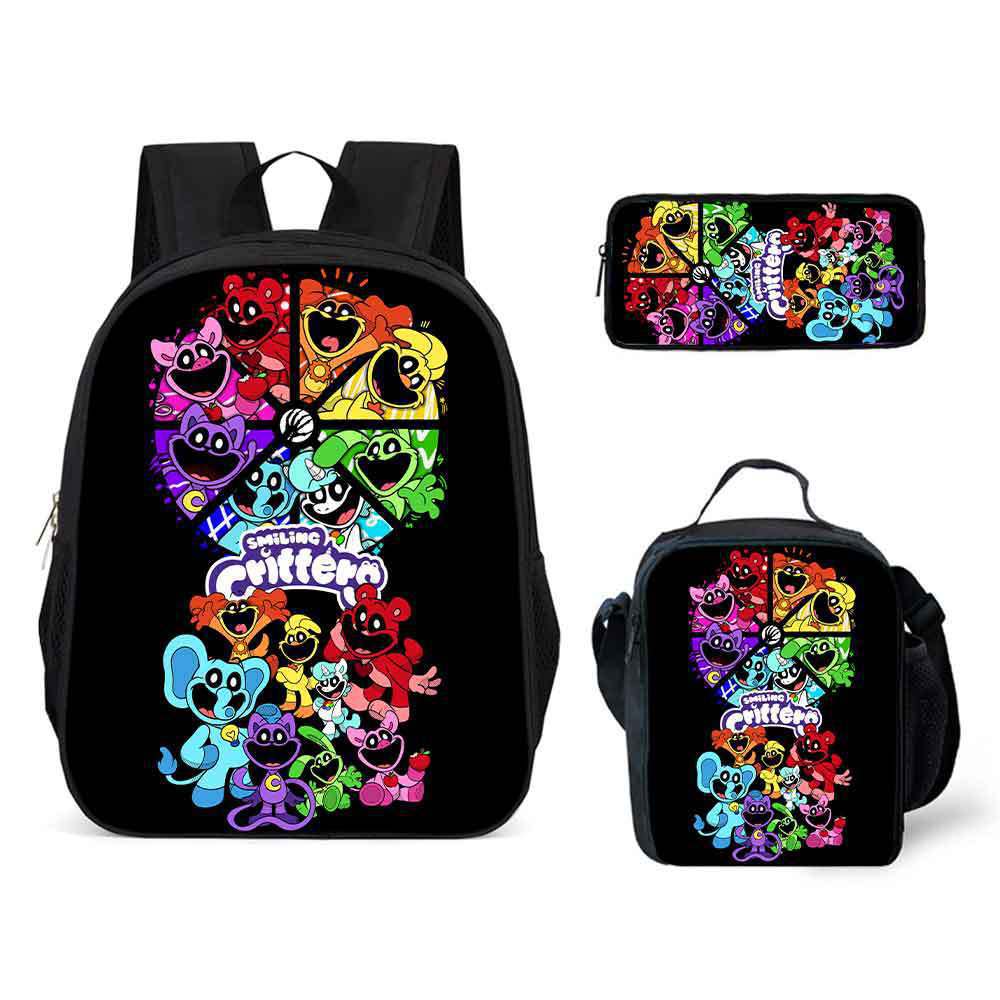 Smiling Critters Cartoon Backpack Shoulder Bag Pencil Case 3-Piece Set, Kids School Bookbag