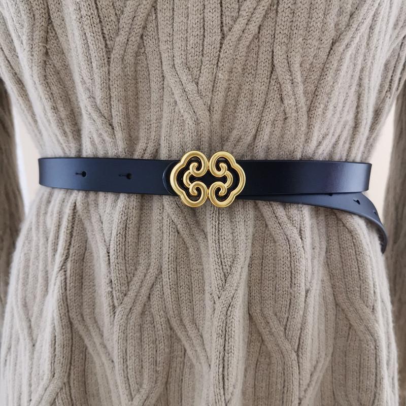 Female Genuine Leather Skinny Belt For Dresses And Tops With Pushbutton Closure For Daily Fashion