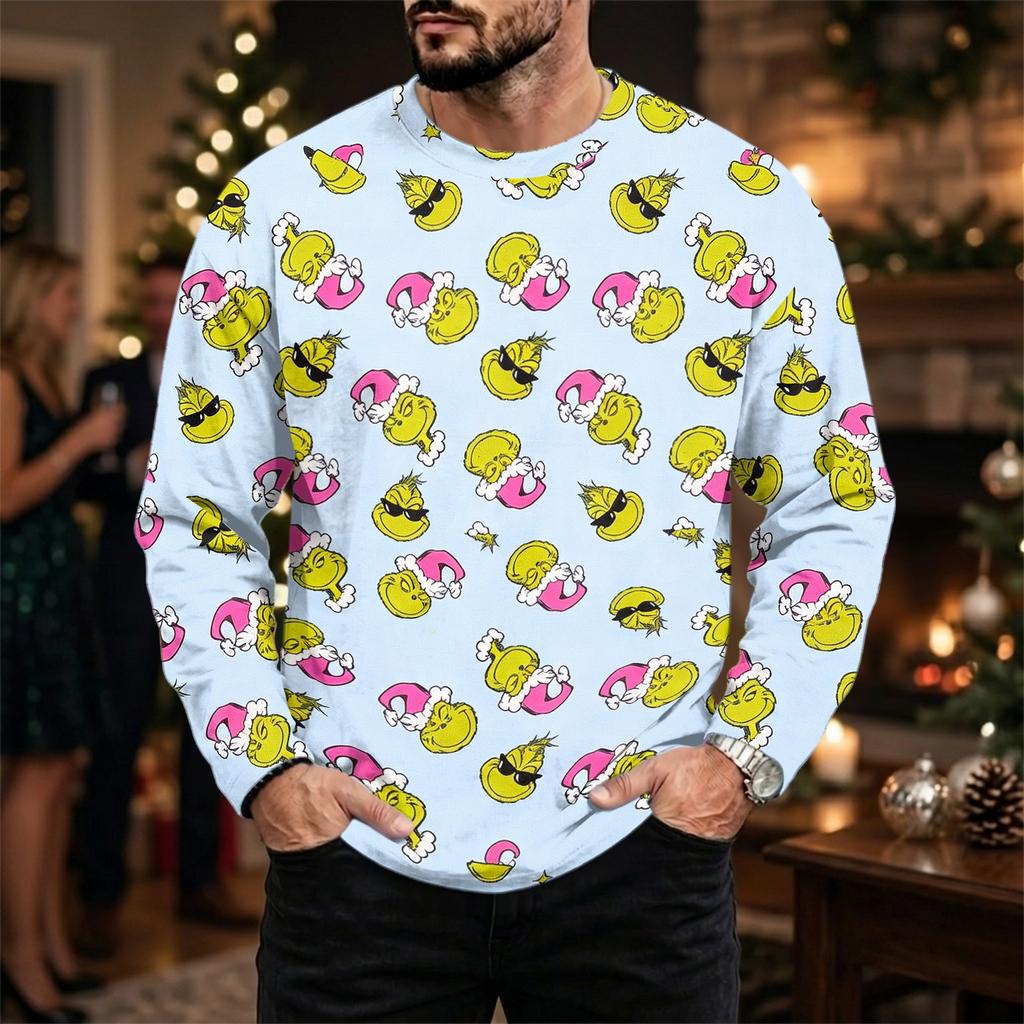 Men's Plus Size Loose Fit Casual Neck Long Sleeve T-Shirt with Christmas Print for Fall and Winter