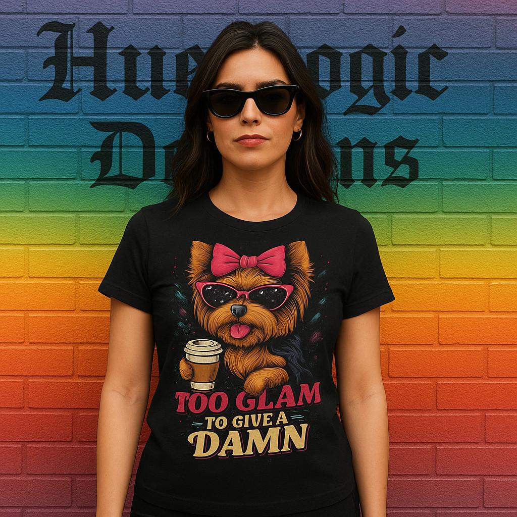 Too Glam To Give a Damn Shirt Yorkie Coffee Lover Tee Funny Dog Graphic T-shirt S