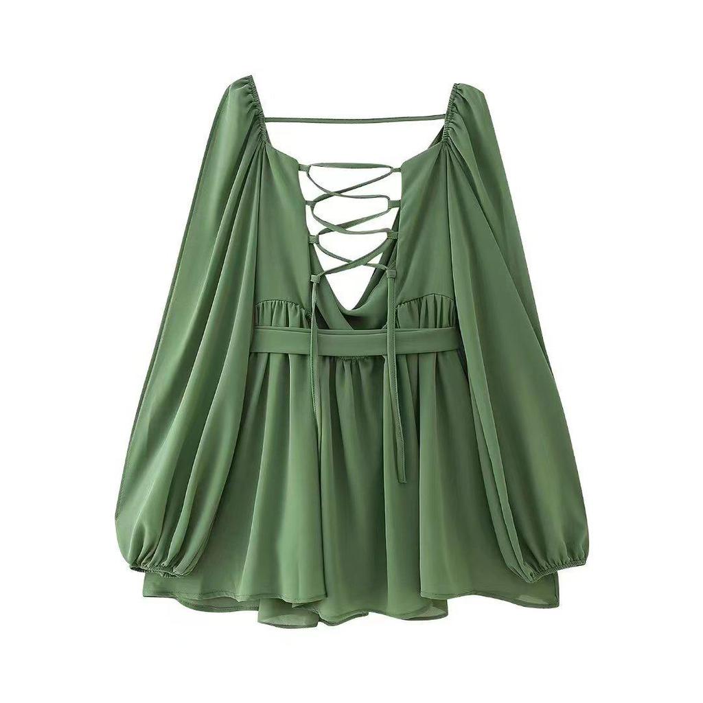 2026 Spring Women's Hollow Lantern Sleeve V-Neck Off-the-Shoulder Mini Dress