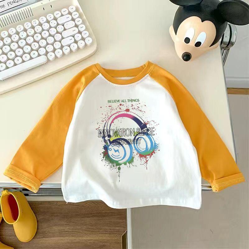 Kids Cotton Long Sleeve T Shirt Spring Autumn Korean Raglan Round Neck Cartoon Top Unisex Base Layer Trendy Tee