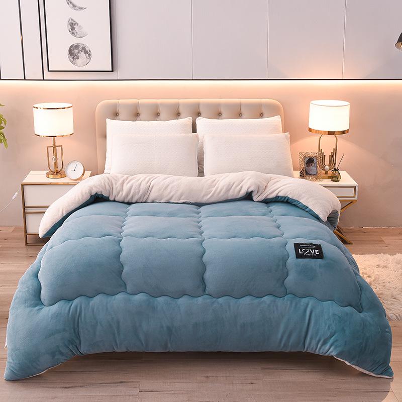 Solid Color Milk Velvet Winter Quilt with Flannel & Lambswool Core - Thick Warm Mattress Topper