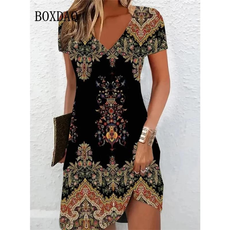

Women S Casual Sundress Loose Summer Boho Beach Dress Floral Printed For Women Dress Retro V Neck Short Sleeve Plus Size Dresses XL
