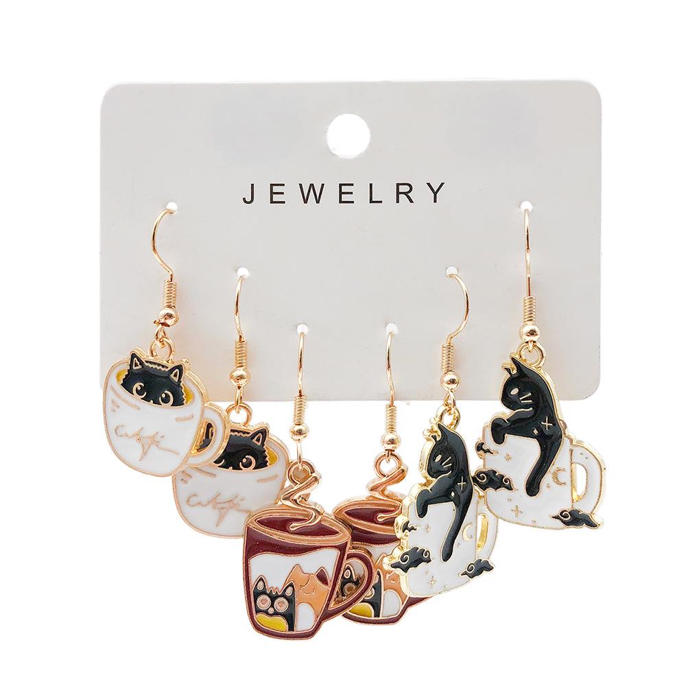 Exclusive Alloy Cartoon Kitten Print Earrings Fashion Set