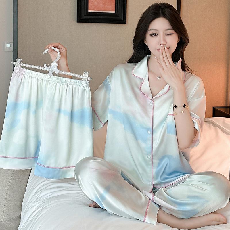 Летний Радужный Размазанный Ледяной Шелковый Пижамный Комплект Женский Сладкий Простой Тонкий Повседневный Домашний Одежда Три Предмета 2XL