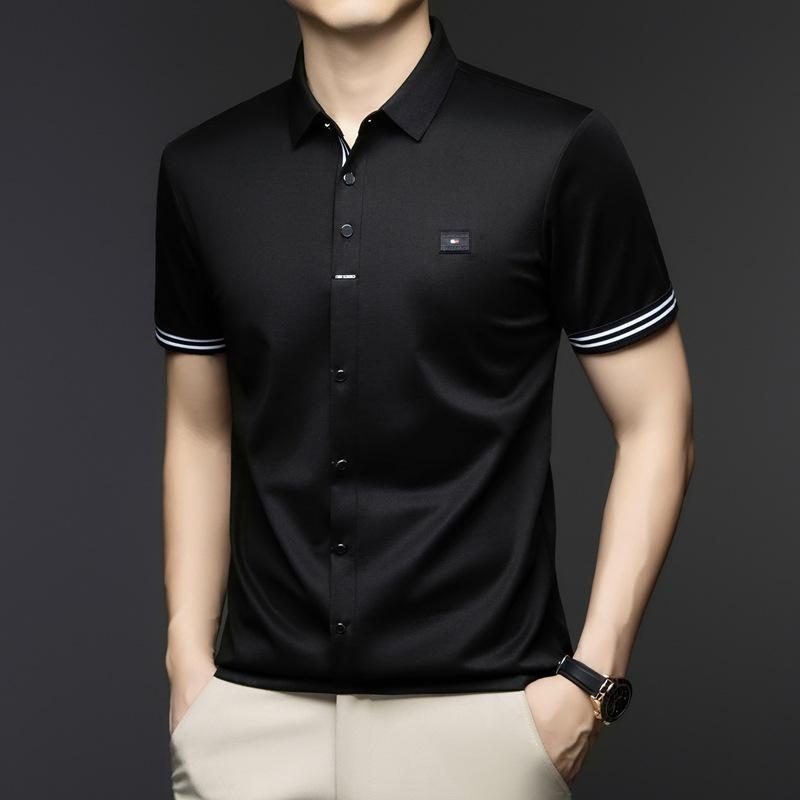 Polokošile Business Casual High-End Tričko z ledového hedvábí Pánský top s krátkým rukávem s klopou