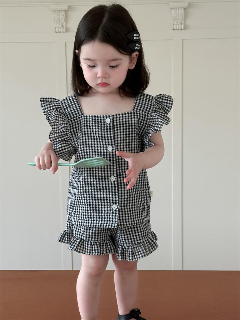 Rozkošný kojenecký letní outfit Dvoudílná sada Roztomilé kreslené bavlněné tričko s krátkým rukávem a šortky pro kojence v černém a kávovém kostkovaném vzoru