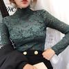 Blouse Half High Collar Long Sleeves See-Through Autumn Top Slim Lace Crochet Patchwork Hollow Tee Streetwear
