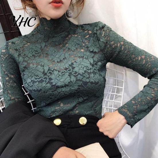 Blouse Half High Collar Long Sleeves See-Through Autumn Top Slim Lace Crochet Patchwork Hollow Tee Streetwear