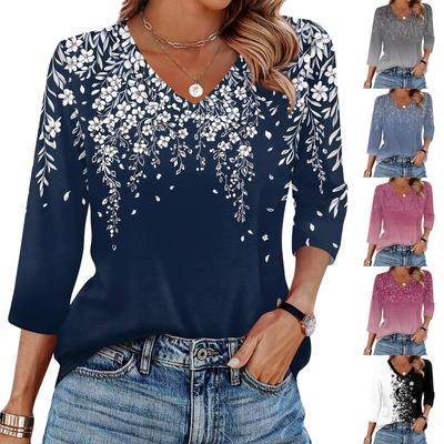 Damska koszulka z nadrukiem, rękaw 3/4, codzienna, weekendowa, modna, podstawowa, dekolt w serek, regularny top