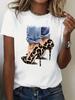 Leopard Print High Heels Graphic Print Fashion Tshirt Casual Round Neck Comfortable Chic Personalized Top
