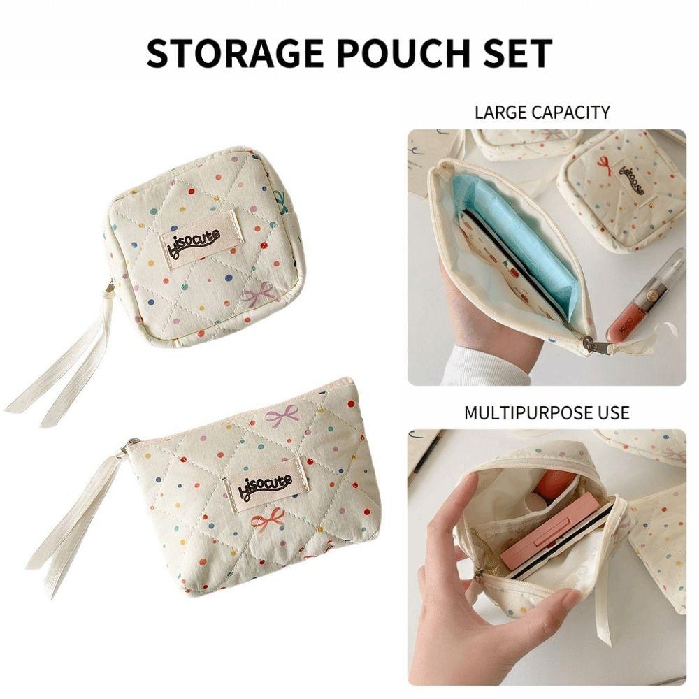 Bowknot Sanitary Napkins Storage Bag Colorful Dots Large Capacity Cosmetic Bag Data Cables Organizer for Women Girls