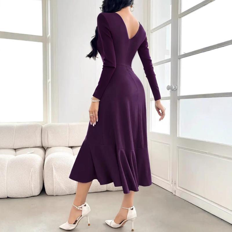 Fashionable and Elegant Solid Color Long Sleeve Round Neck Women's Dress In Autumn and Winter