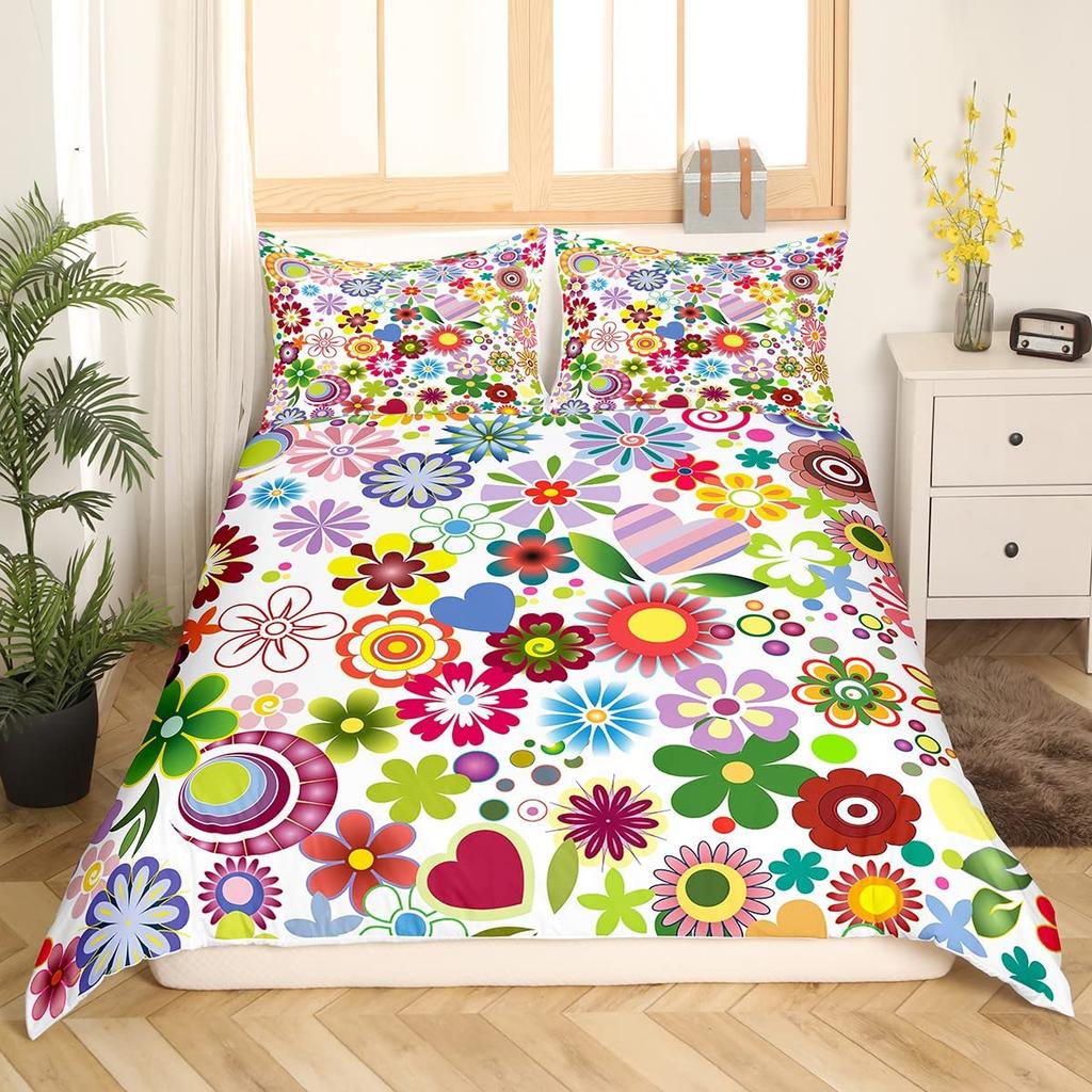 Retro Flowers King Queen Bedding Set Cartoon Vintage Floral Duvet Cover Boho Abstract Quilt Cover Soft Polyester Comforter Cover