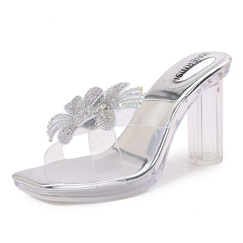 Transparent thick high heels rhinestone bow summer wear crystal sandals new sandals