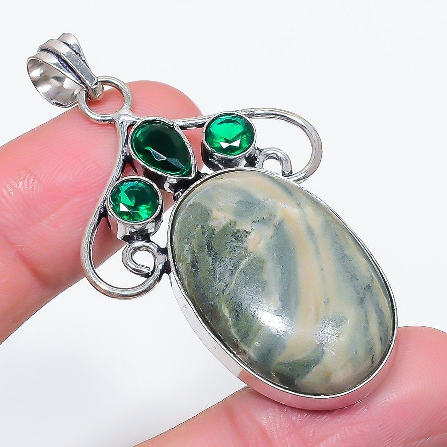 

Натуральная Императорская Яшма, Диопсид 925 Стерлинговое Серебро Ювелирная Подвеска 2,36 l0J79