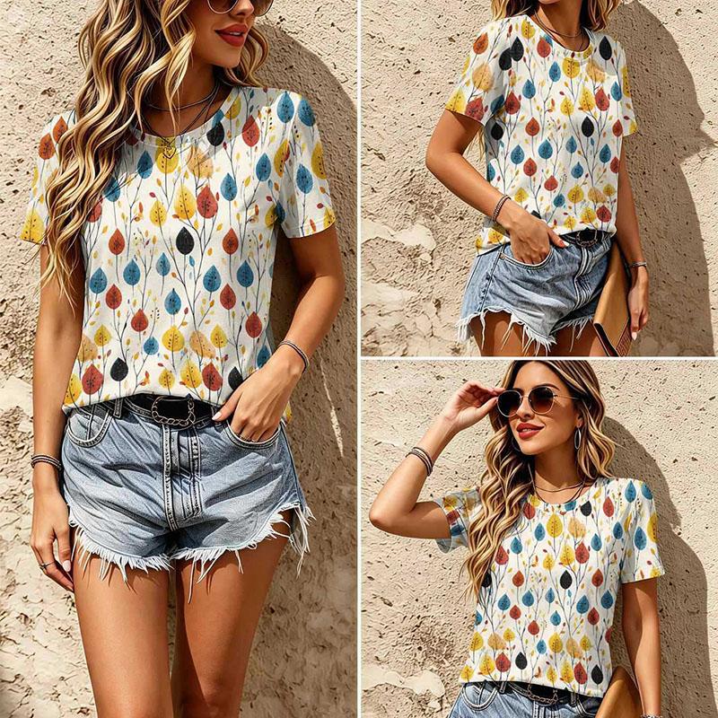 Vintage Ethnic Floral Print Tee Crew Neck Distressed Boho Casual Short Sleeve Pullover T Shirt Top