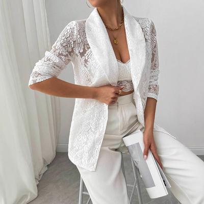 Ladies Long Sleeve Tailored Collar Lace Hollow Out Solid Color Cardigan Suit Coat