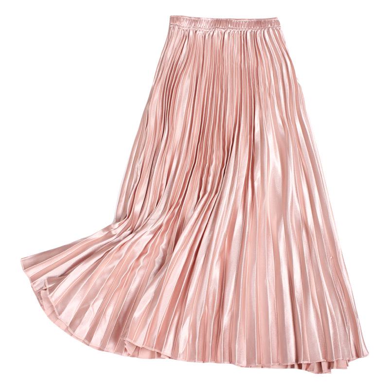 Solid Color High Waist Satin Pleated Midi Skirt - Women's New Spring/Summer/Autumn 2023 Collection
