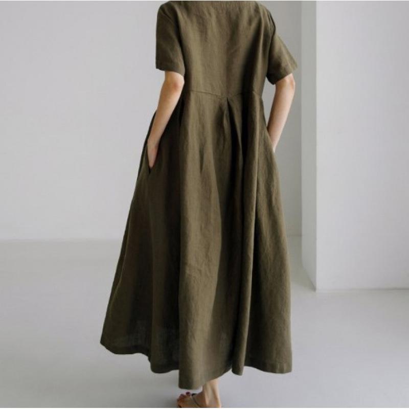

Pullover Round Neck Knee Length Mori Girl Style Plus Size Cotton Linen Comfortable Dress Lightweight High Recognition Elegant Flattering Chic Dress XL армія зелений колір