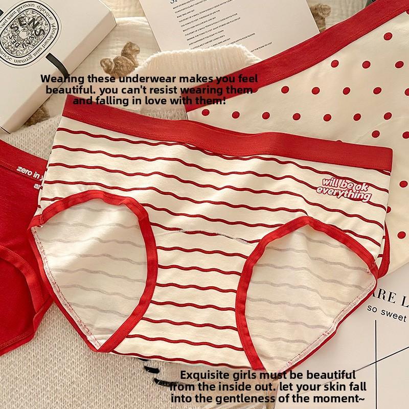 Big Size Lady Spring and Autumn Year Red Cotton Antibacterial Extended Crotch Waist Triangle Briefs