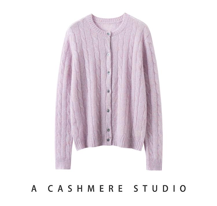 Women's Kangbaolai Velvet Cardigan - 75% Cashmere, 25% Mulberry Silk, Button-Up Round Neck, Long Sleeve Cable Knit Sweater Coat