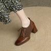 Spring Women Shoes Pumps Square Toe Lace-Up Chunky Heel Shoes Women Casual Solid Split Leather Shoes For Women Heels Shoes