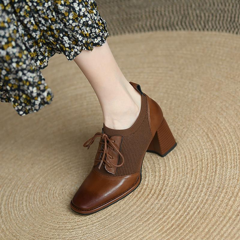 Spring Women Shoes Pumps Square Toe Lace-Up Chunky Heel Shoes Women Casual Solid Split Leather Shoes For Women Heels Shoes