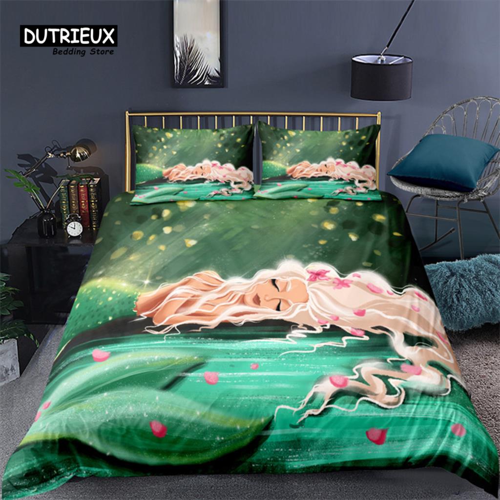 Mermaid Bedding Set Queen Size Print Duvet Cover Comforter Cover With Pillowcases For Girls Boys Teens Gift Home Bedroom Decor