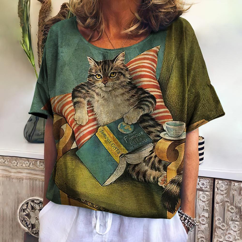 Plus Size Women T-Shirt Halloween Cats Print Female Clothing Fashion Summer Short Sleeve Tops Casual O-Neck Tees Ladies Pullover