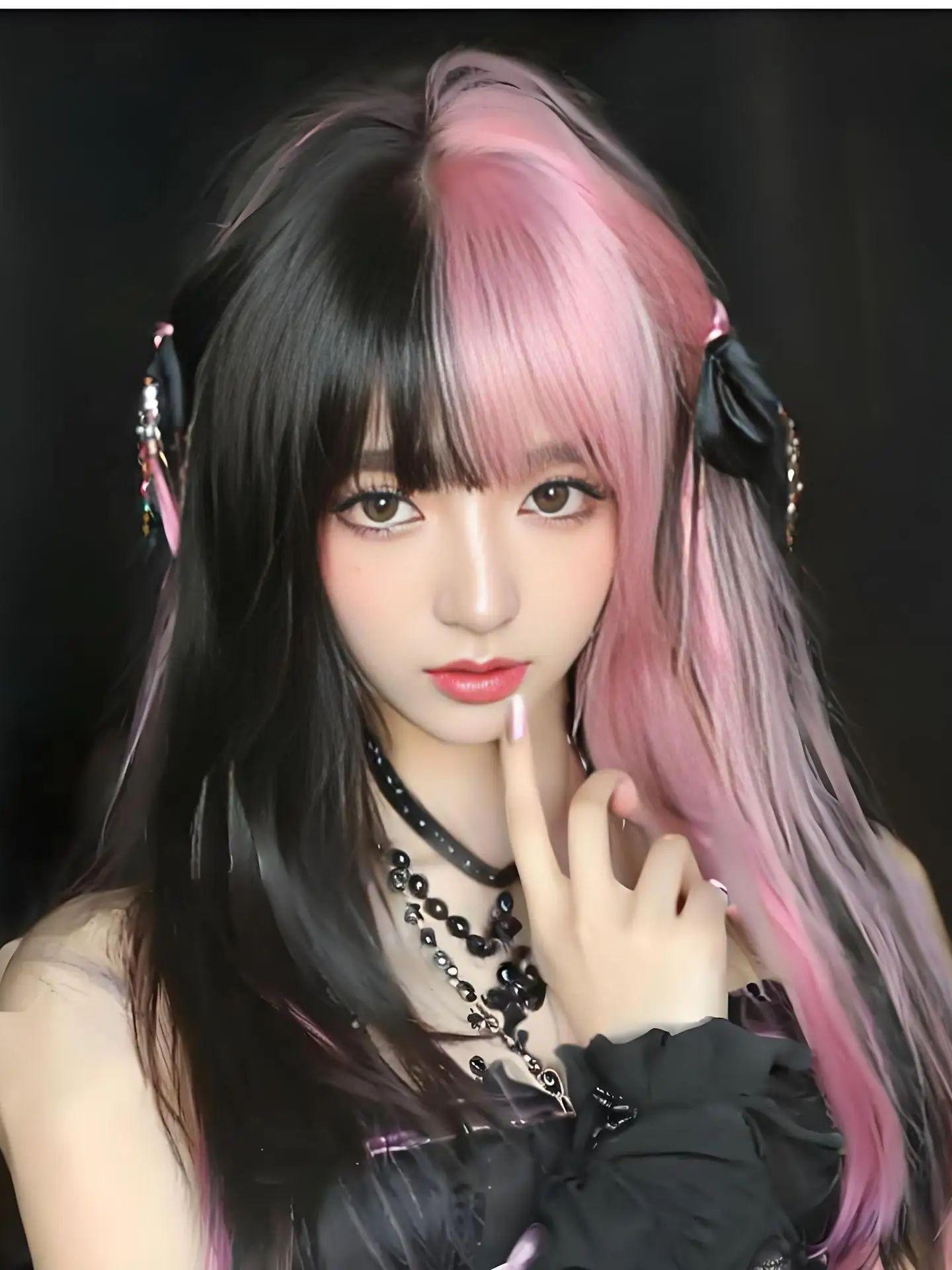 

Black Powder Gradient Long Straight Synthetic Wig with Double Air Bangs for Cosplay Major Ceremonies Personality Hair