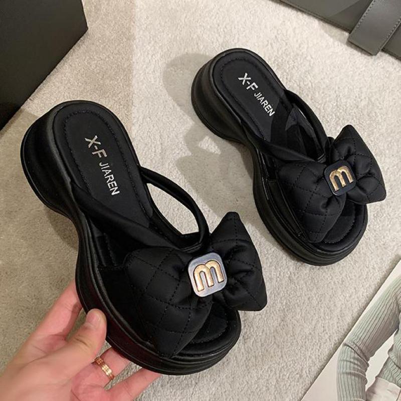 Fashion Leather Black Platform Slippers Women Thick Sole Beach Slippers Outdoor Summer Slippers Bow Slides Anti-slip Women Flip Flops
