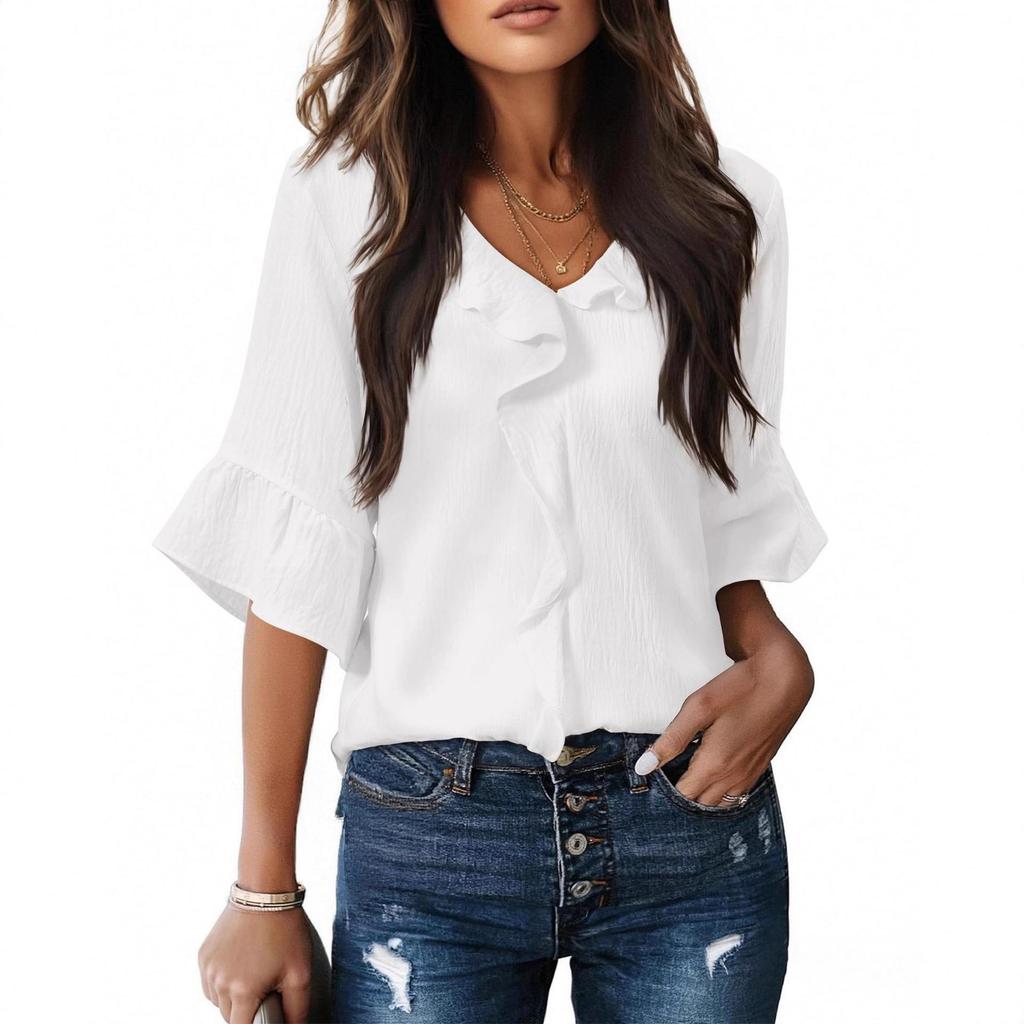 2026 Fashion Style 3/4 Sleeve Ruffle Lantern Collar Casual Top