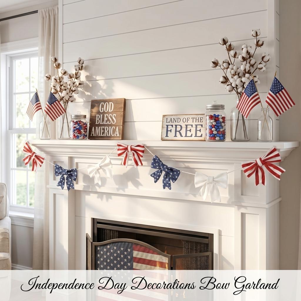 Patriotic Bow Garland - Memorial Day Decor - America 0th Anniversary Decoration - Fourth Of Home Party Supplies Independ