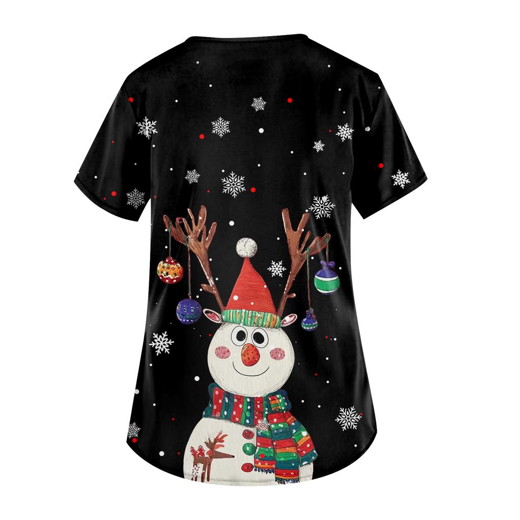 Ladies' Fashionable V-neck Pocket Short Sleeved Christmas Tree Printed Caregiver Uniform